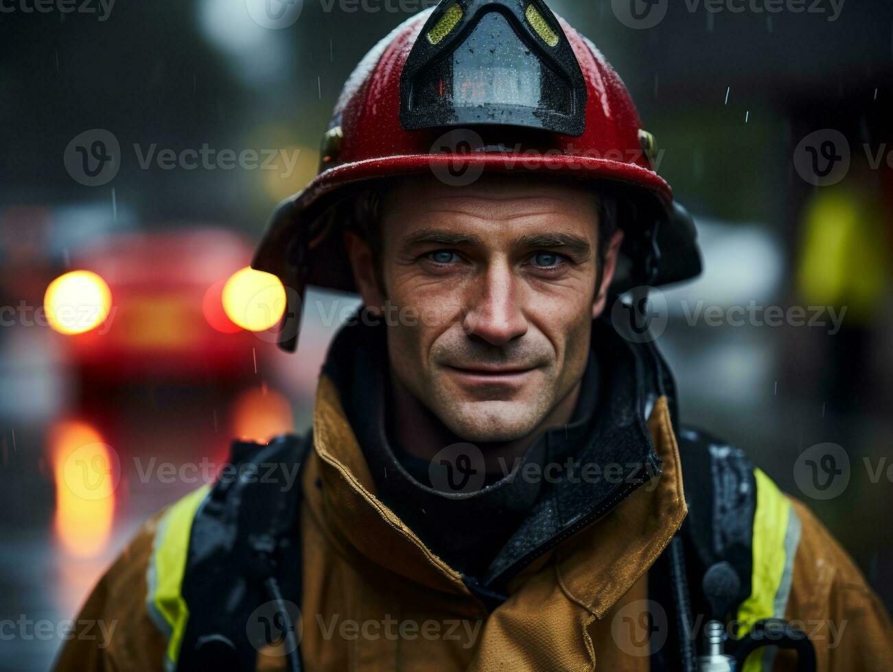 Courageous male firefighter fearlessly confronts the blazing inferno AI Generative photo