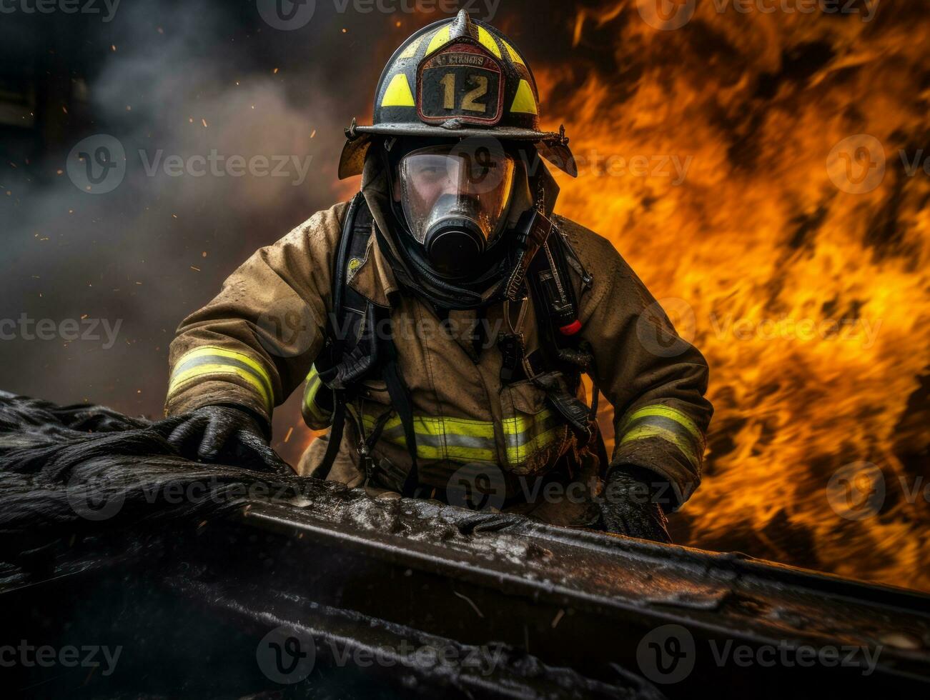 valiente masculino bombero sin miedo confronta el flameante infierno ai generativo foto