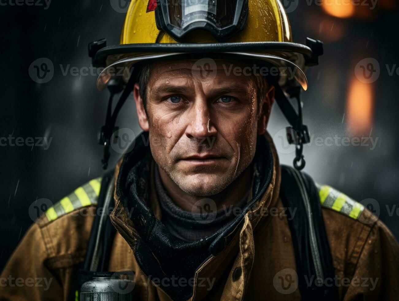 Courageous male firefighter fearlessly confronts the blazing inferno AI Generative photo