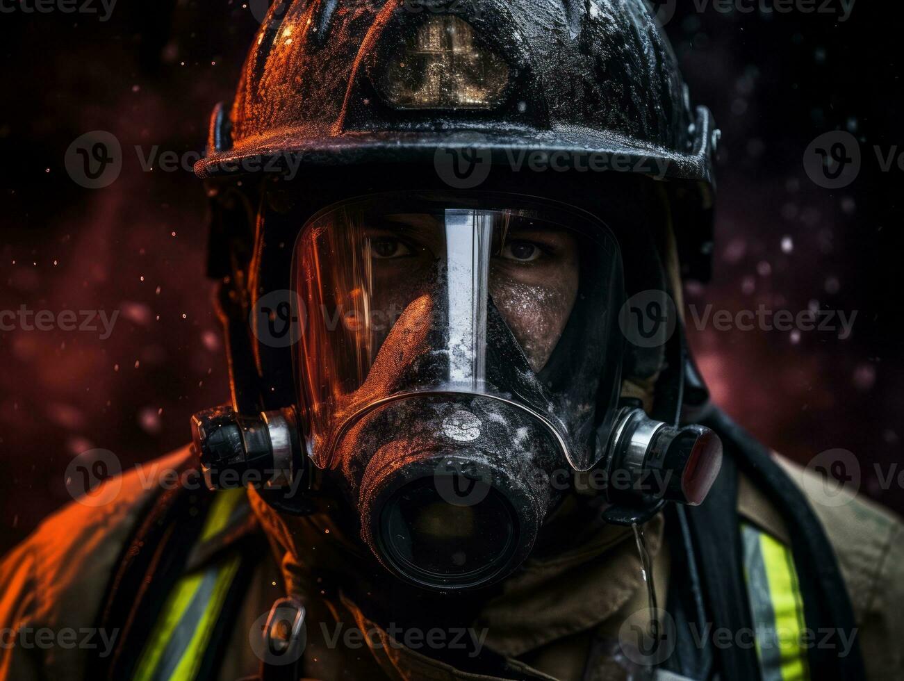 Courageous male firefighter fearlessly confronts the blazing inferno AI Generative photo