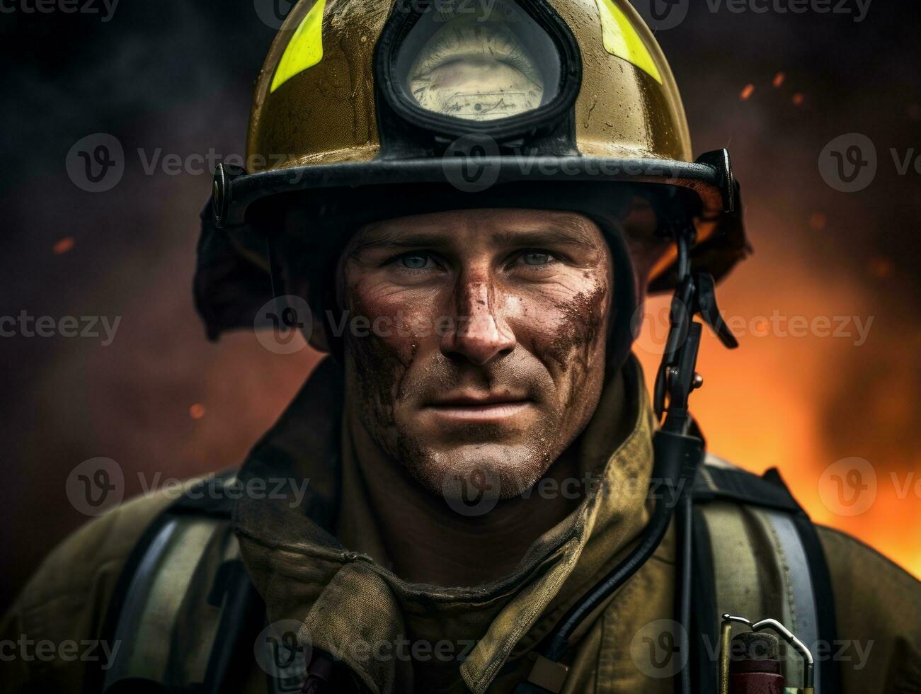 Courageous male firefighter fearlessly confronts the blazing inferno AI Generative photo