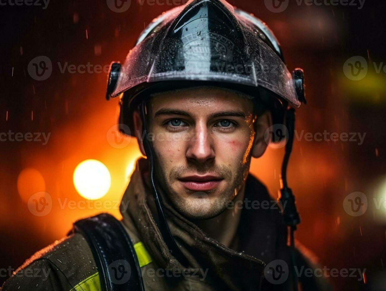 valiente masculino bombero sin miedo confronta el flameante infierno ai generativo foto