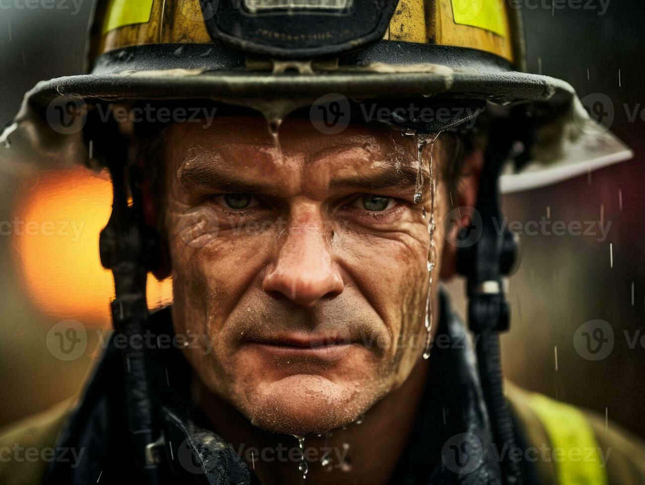 Courageous male firefighter fearlessly confronts the blazing inferno AI Generative photo