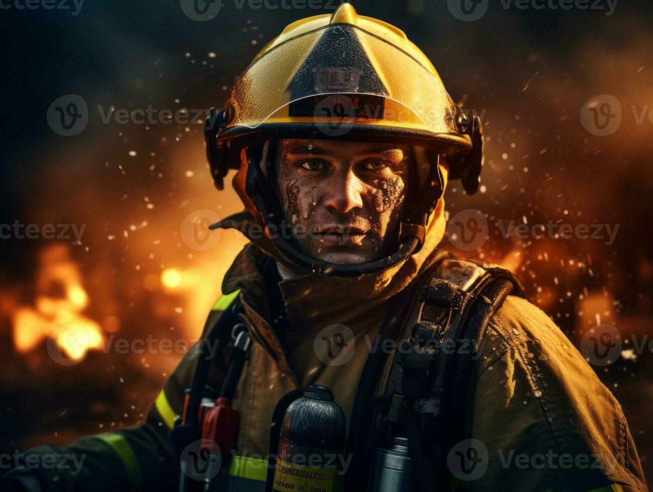 Courageous male firefighter fearlessly confronts the blazing inferno AI Generative photo