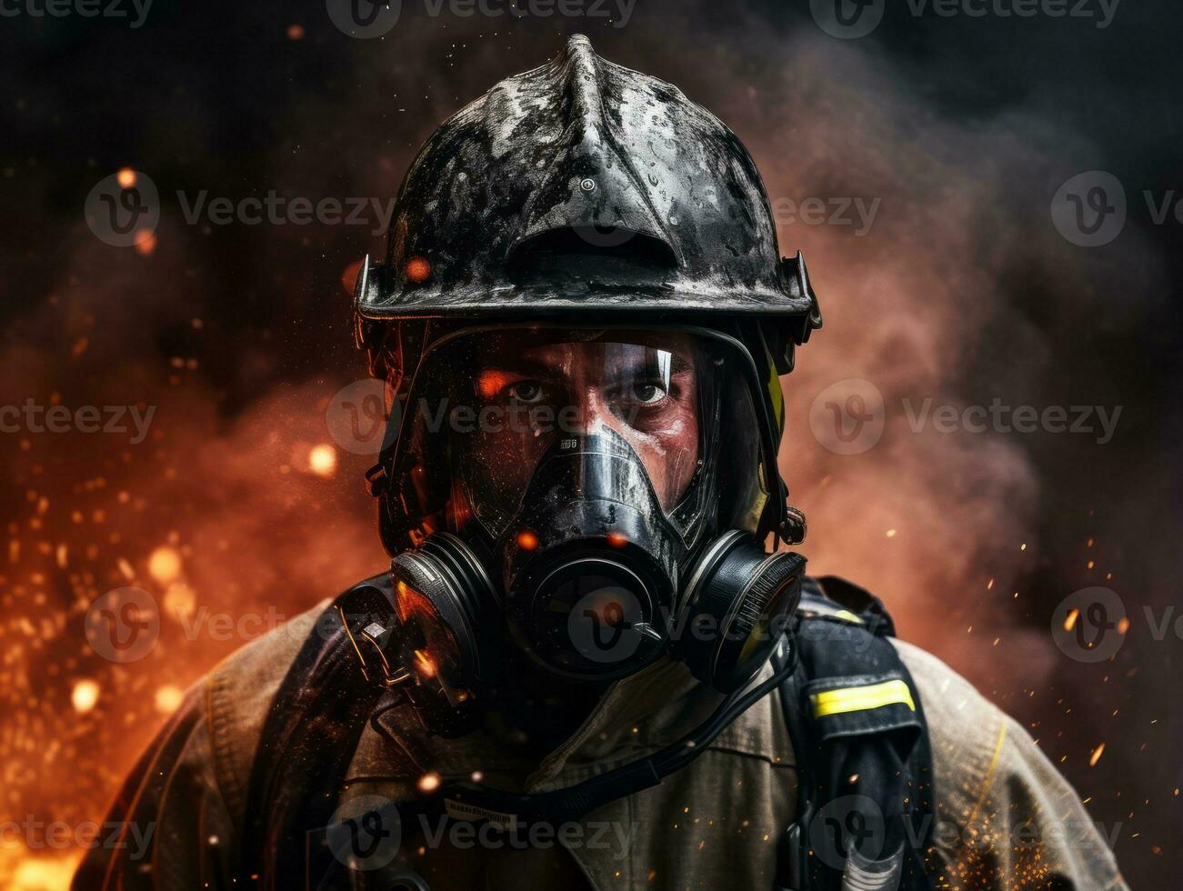 Courageous male firefighter fearlessly confronts the blazing inferno AI Generative photo