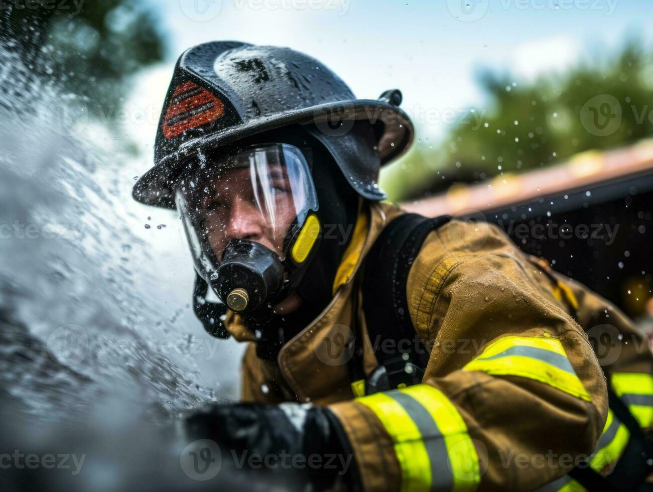 Courageous male firefighter fearlessly confronts the blazing inferno AI Generative photo