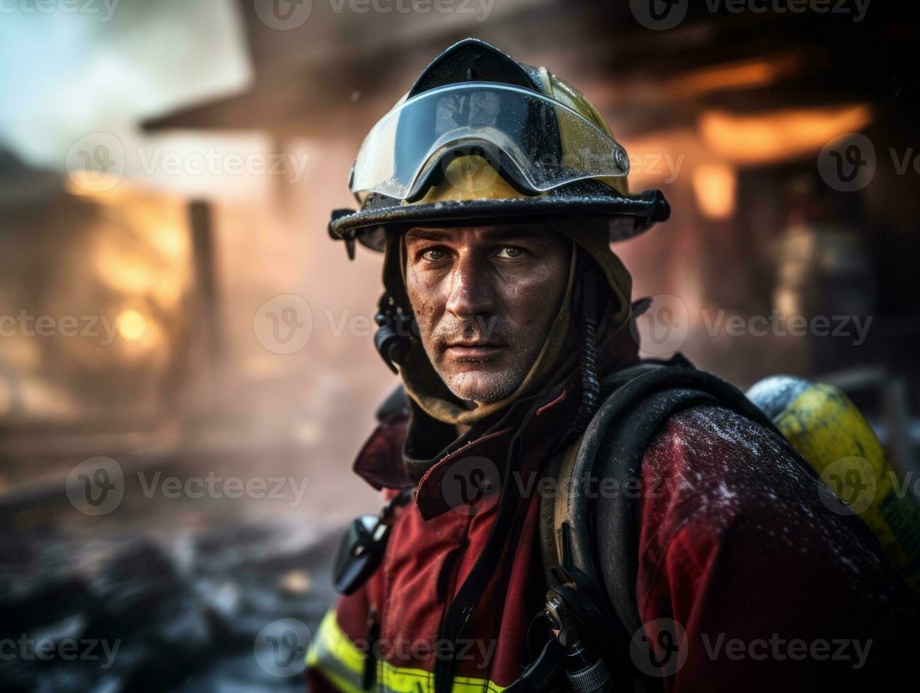 Courageous male firefighter fearlessly confronts the blazing inferno AI Generative photo