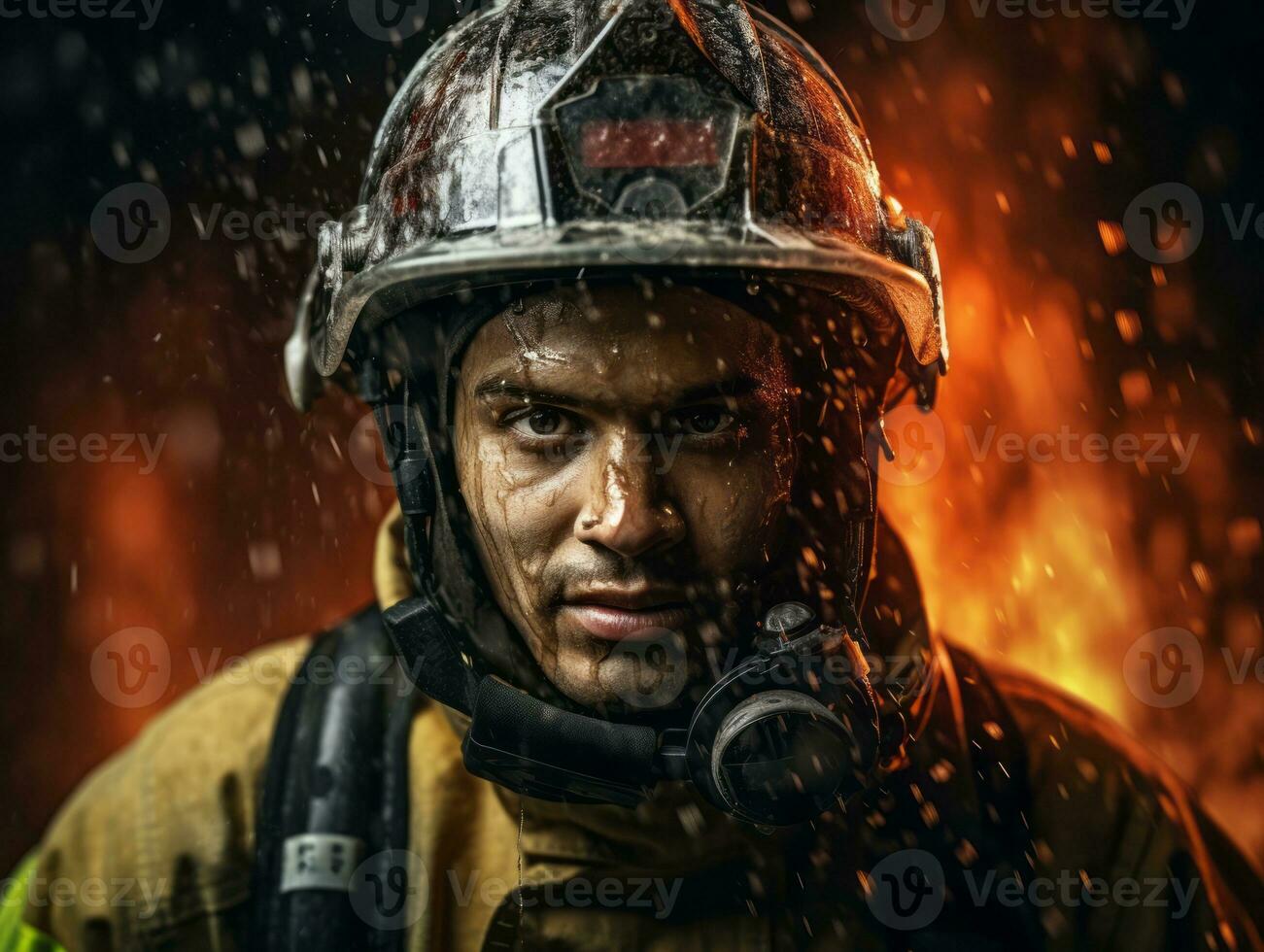 Courageous male firefighter fearlessly confronts the blazing inferno AI Generative photo