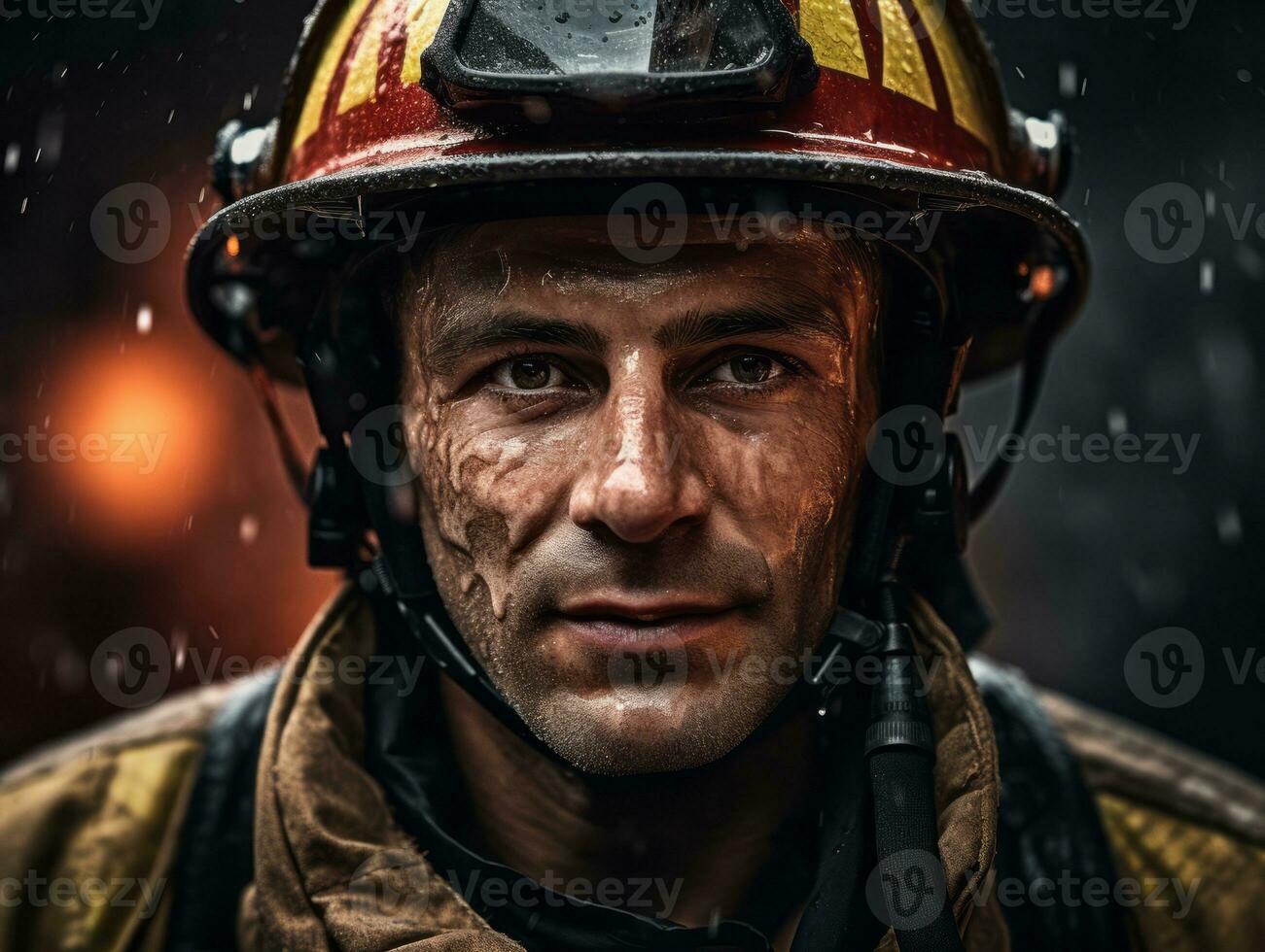 Courageous male firefighter fearlessly confronts the blazing inferno AI Generative photo