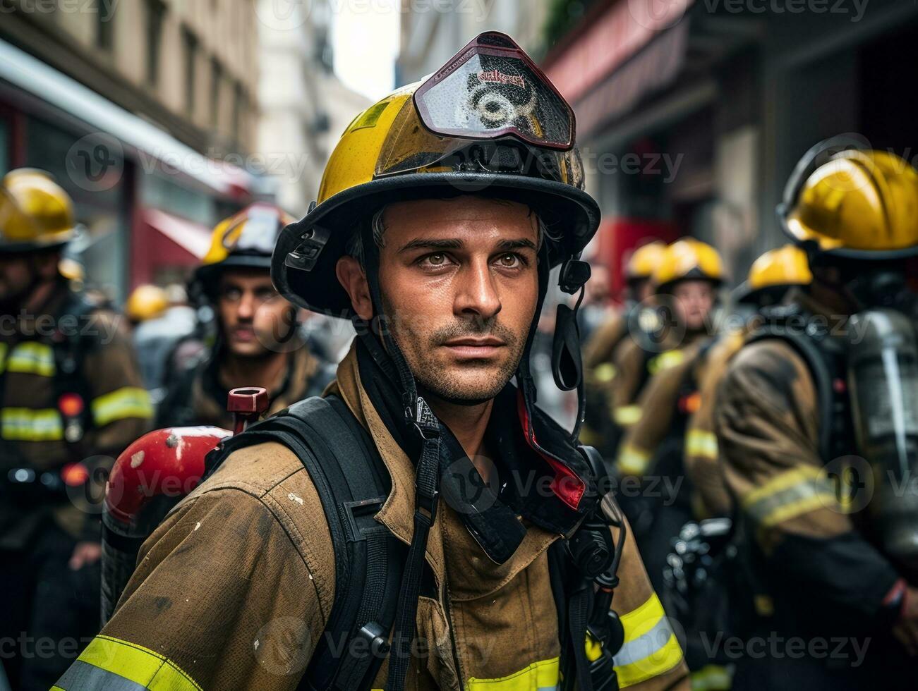 valiente masculino bombero sin miedo confronta el flameante infierno ai generativo foto