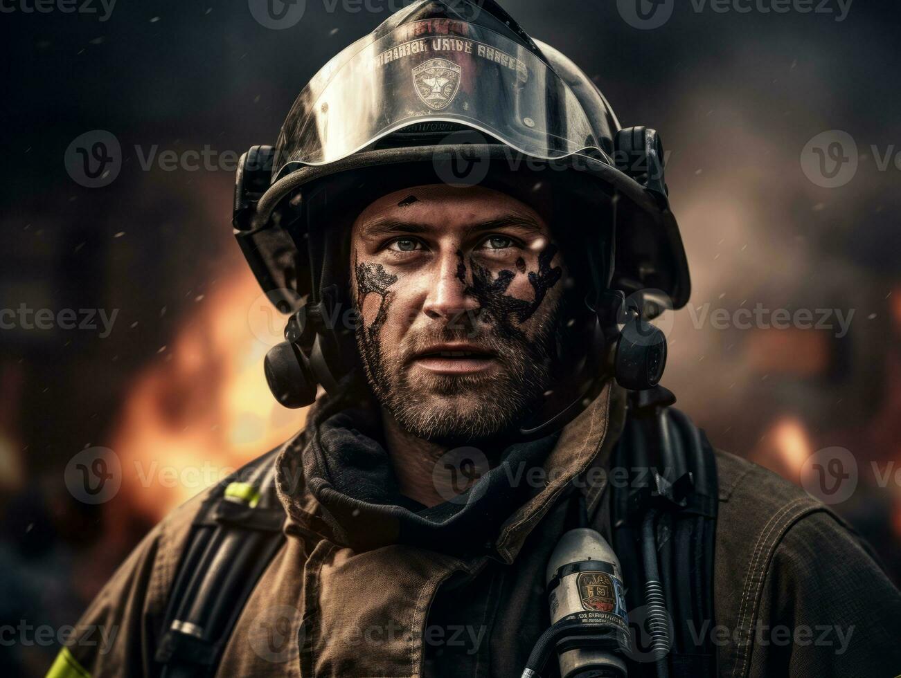 Courageous male firefighter fearlessly confronts the blazing inferno AI Generative photo