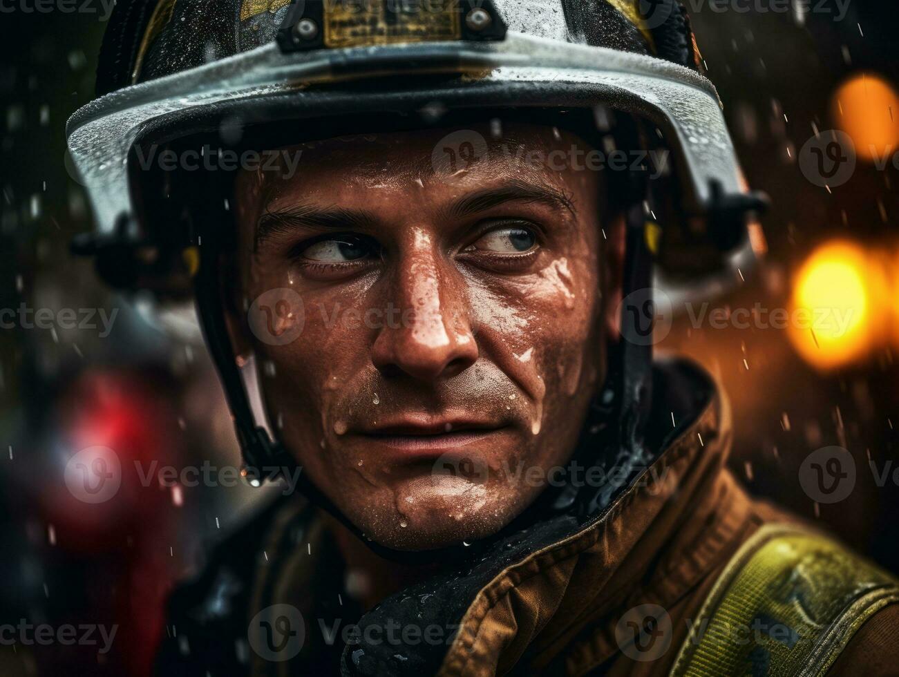 Courageous male firefighter fearlessly confronts the blazing inferno AI Generative photo