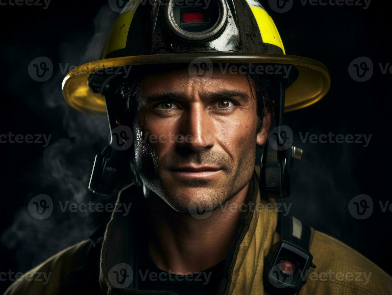 Courageous male firefighter fearlessly confronts the blazing inferno AI Generative photo