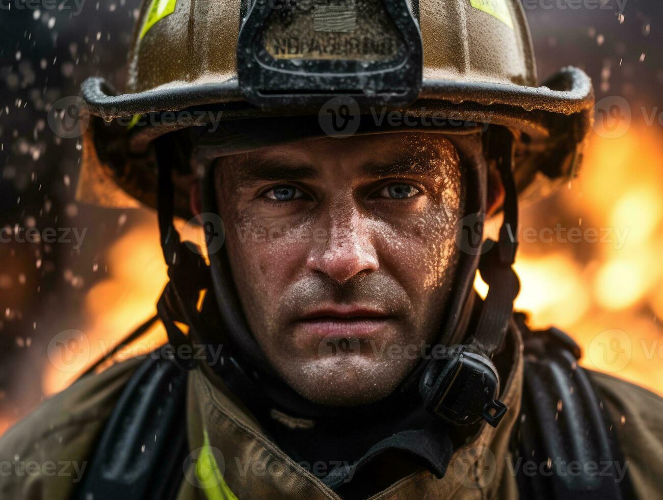 Courageous male firefighter fearlessly confronts the blazing inferno AI Generative photo