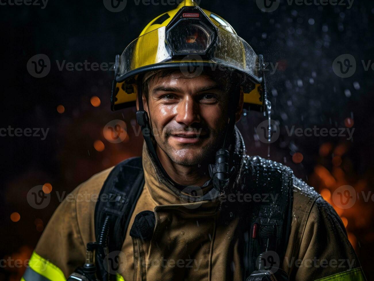 Courageous male firefighter fearlessly confronts the blazing inferno AI Generative photo