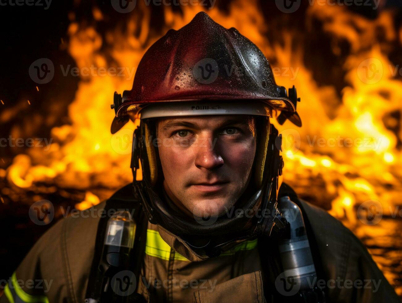Courageous male firefighter fearlessly confronts the blazing inferno AI Generative photo