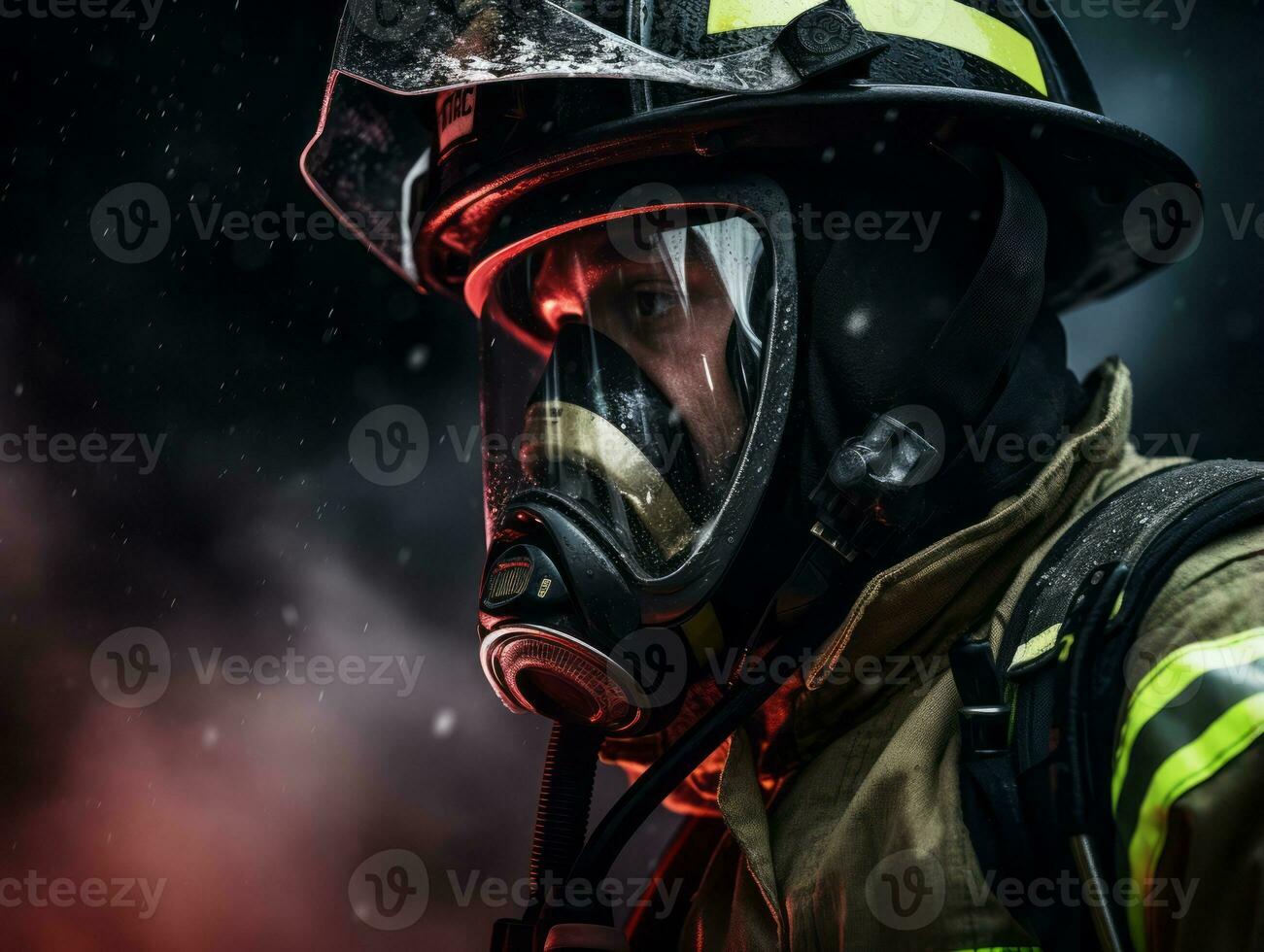 Courageous male firefighter fearlessly confronts the blazing inferno AI Generative photo
