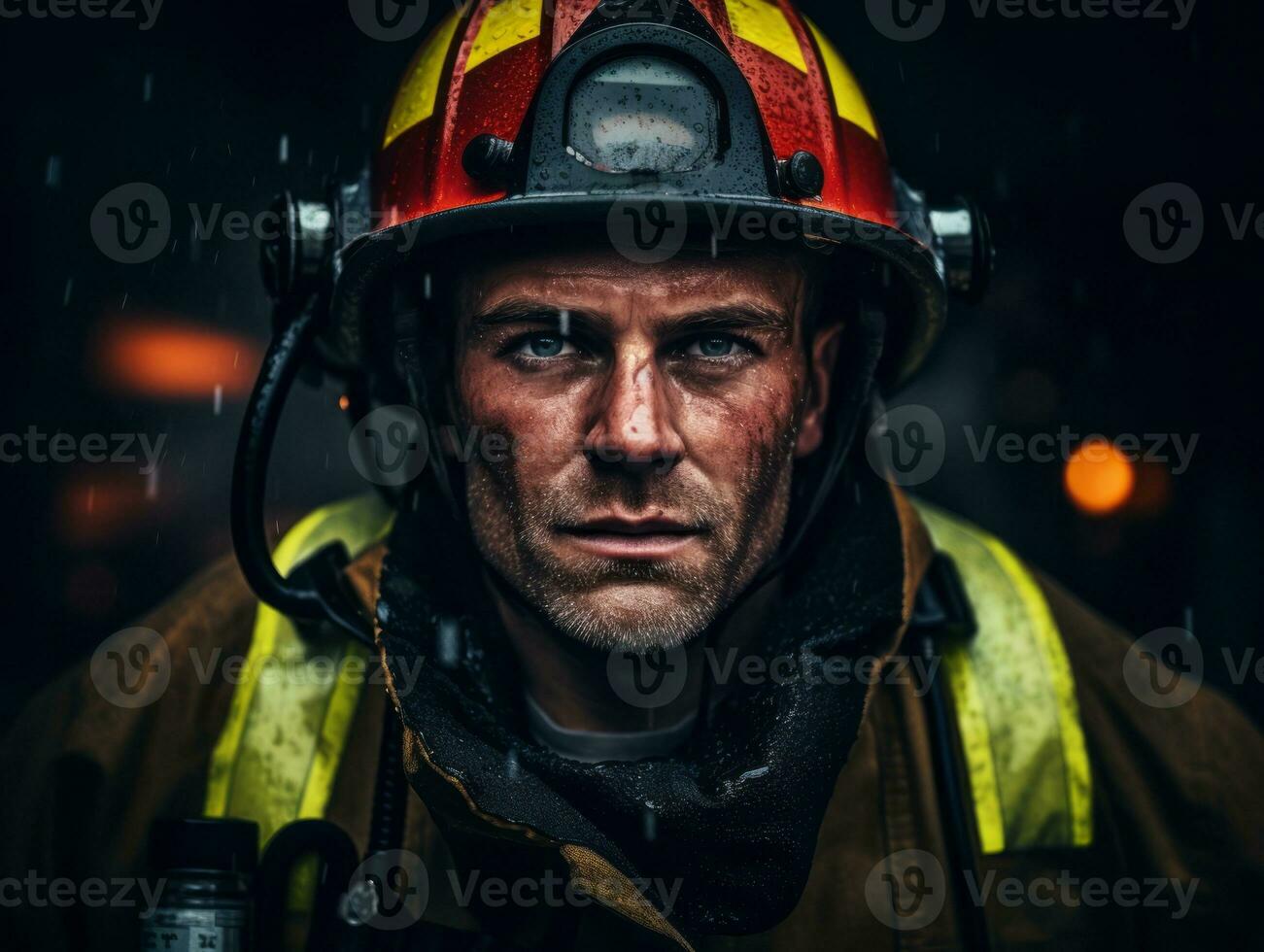 Courageous male firefighter fearlessly confronts the blazing inferno AI Generative photo