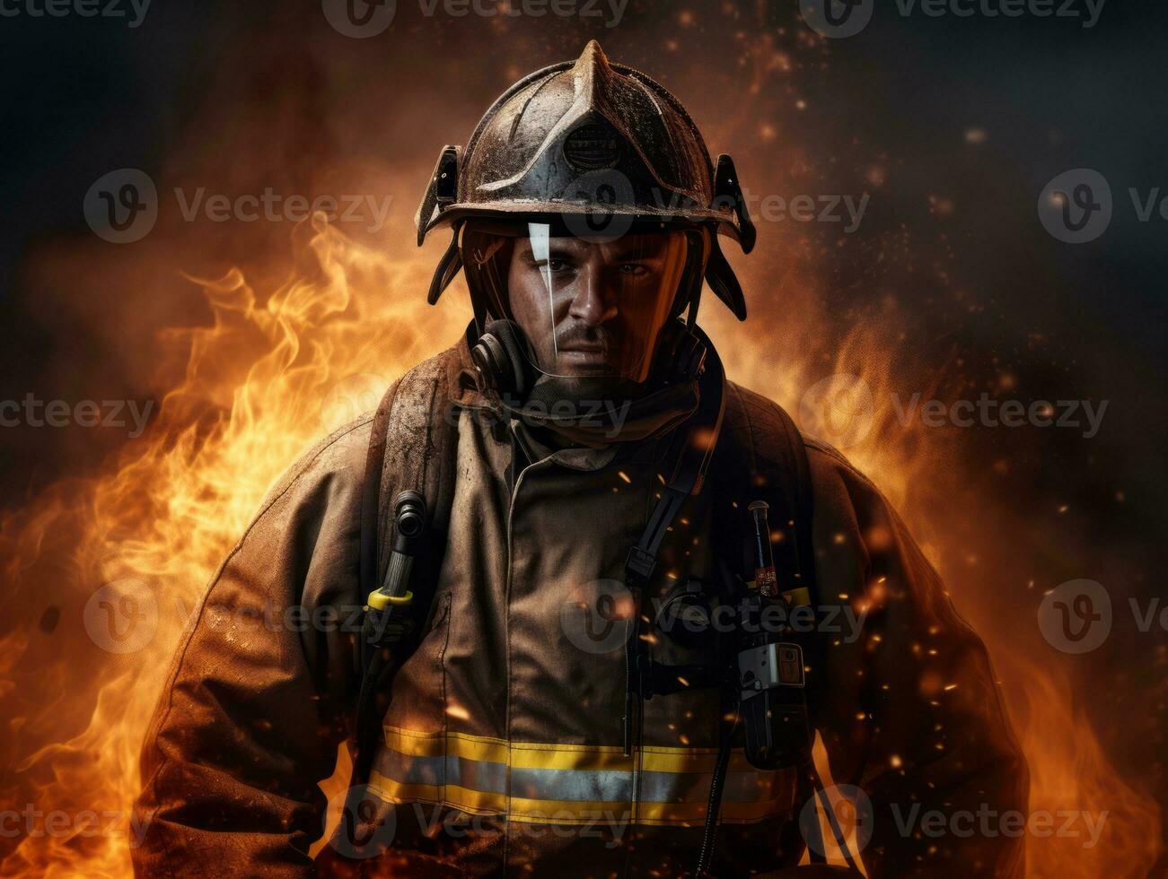Courageous male firefighter fearlessly confronts the blazing inferno AI Generative photo