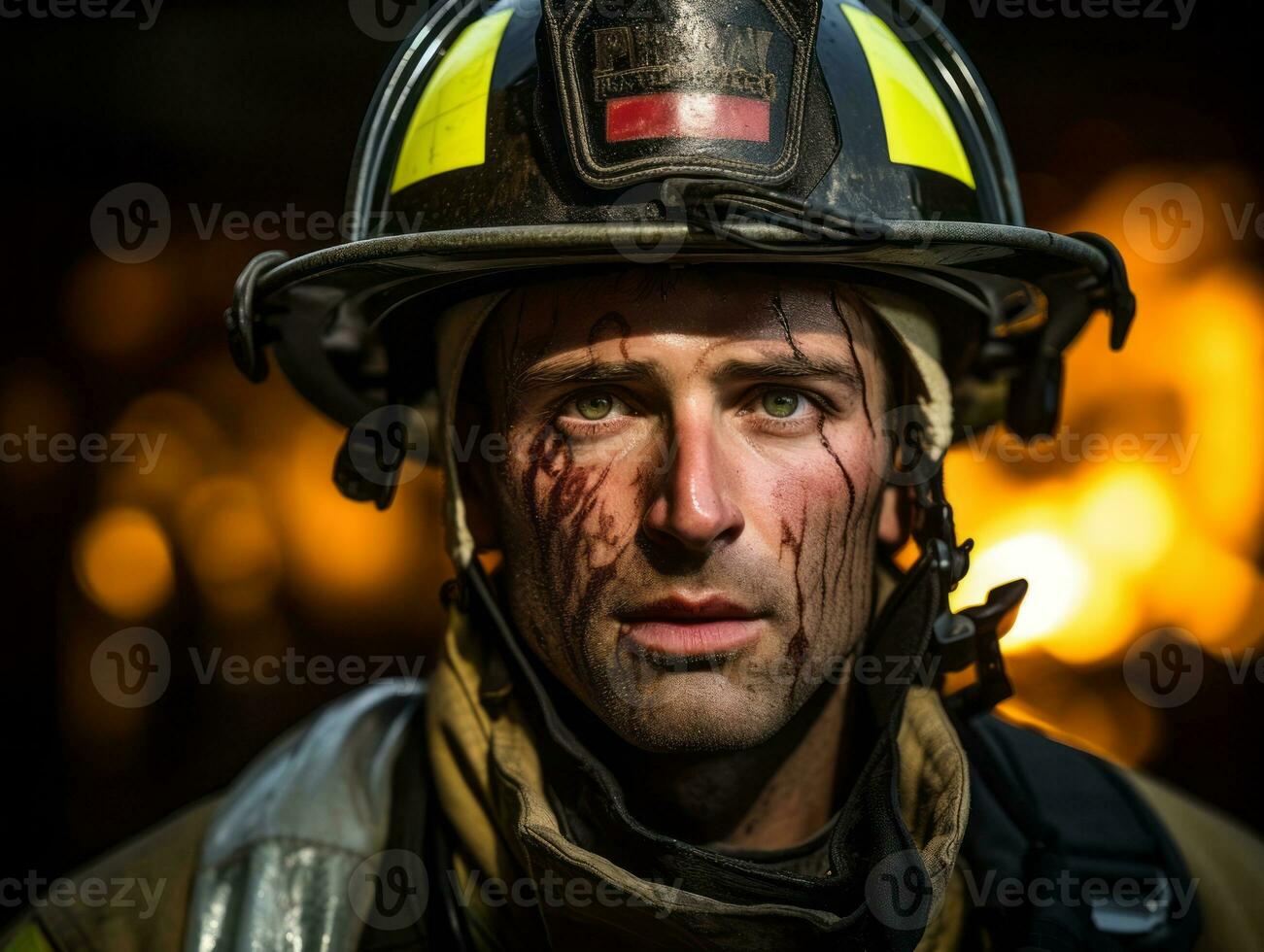 Courageous male firefighter fearlessly confronts the blazing inferno AI Generative photo