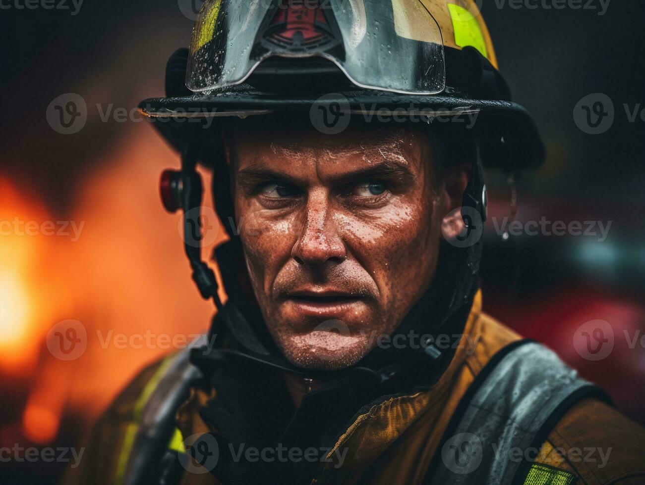 Courageous male firefighter fearlessly confronts the blazing inferno AI Generative photo