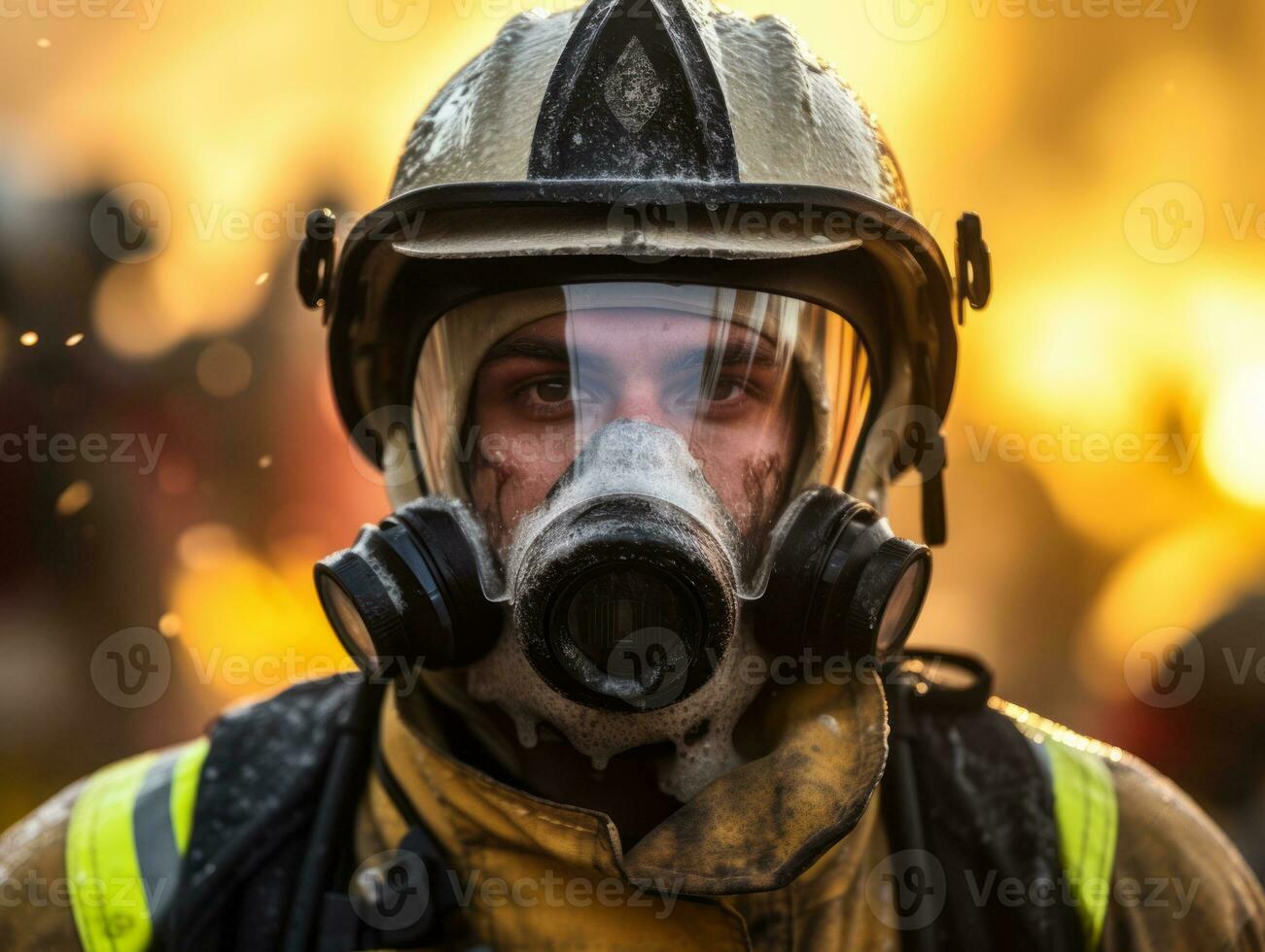 Courageous male firefighter fearlessly confronts the blazing inferno AI Generative photo