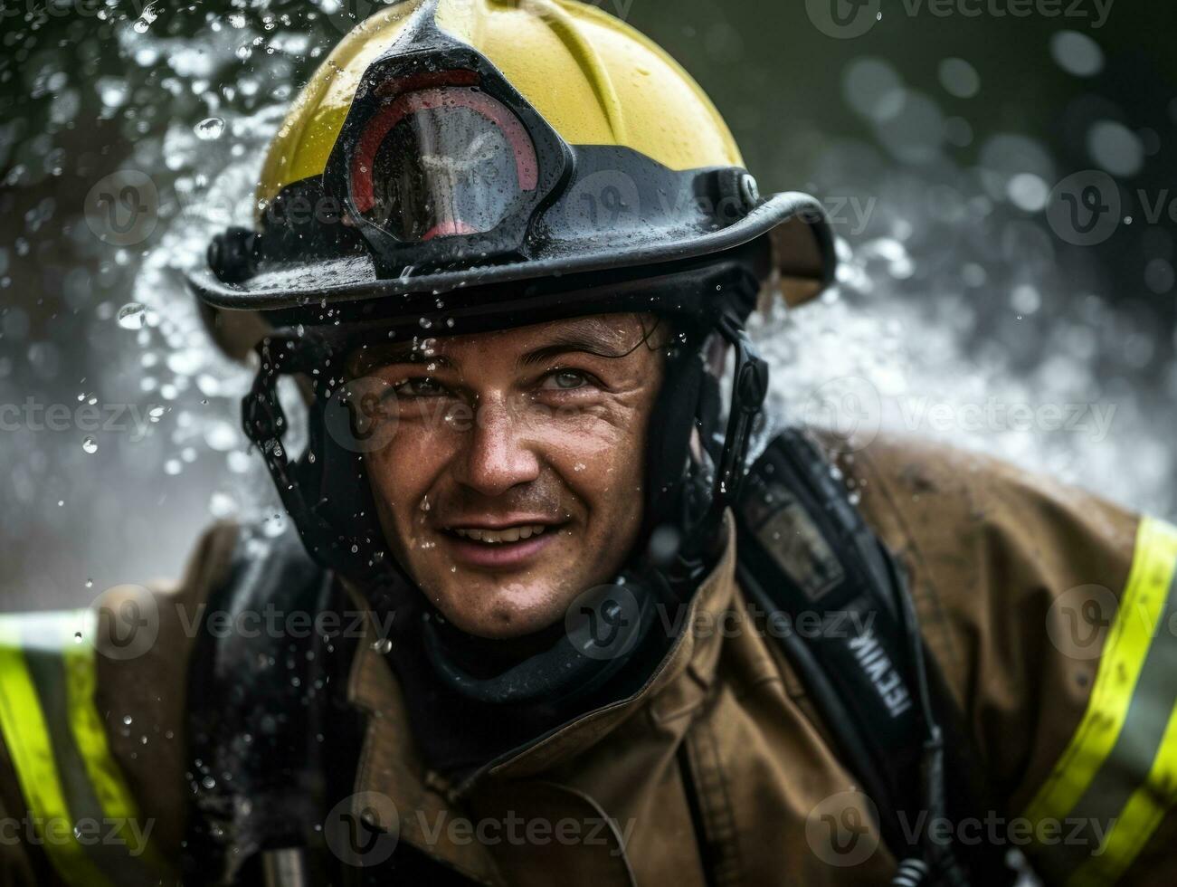 Courageous male firefighter fearlessly confronts the blazing inferno AI Generative photo