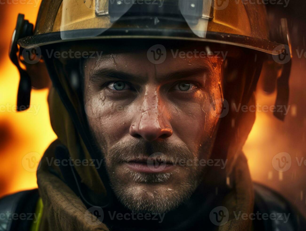 Courageous male firefighter fearlessly confronts the blazing inferno AI Generative photo