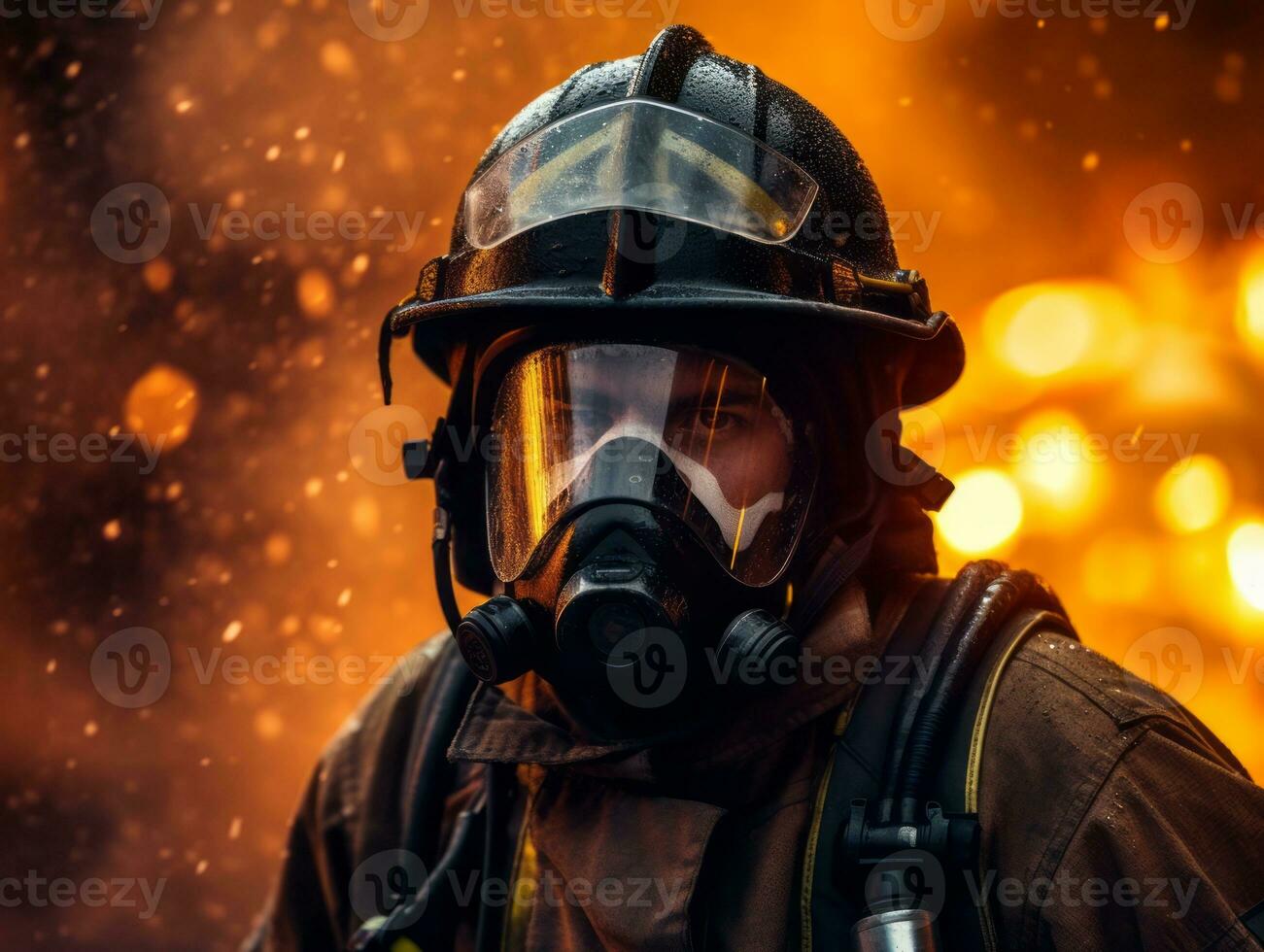 Courageous male firefighter fearlessly confronts the blazing inferno AI Generative photo