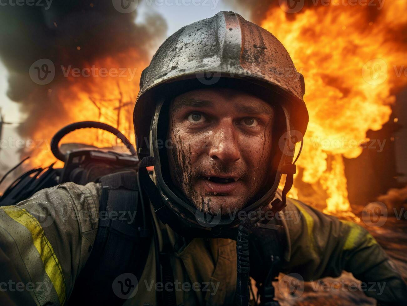 Courageous male firefighter fearlessly confronts the blazing inferno AI Generative photo