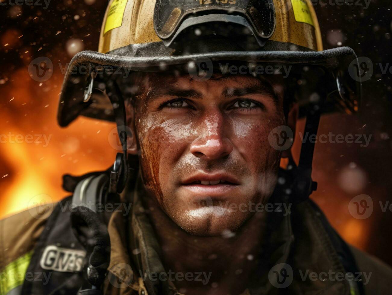 Courageous male firefighter fearlessly confronts the blazing inferno AI Generative photo