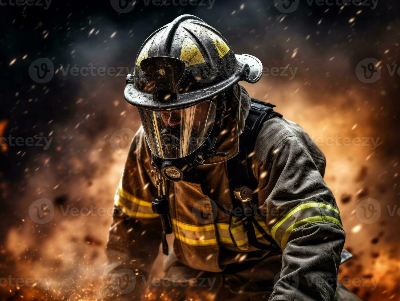 Courageous male firefighter fearlessly confronts the blazing inferno AI Generative photo
