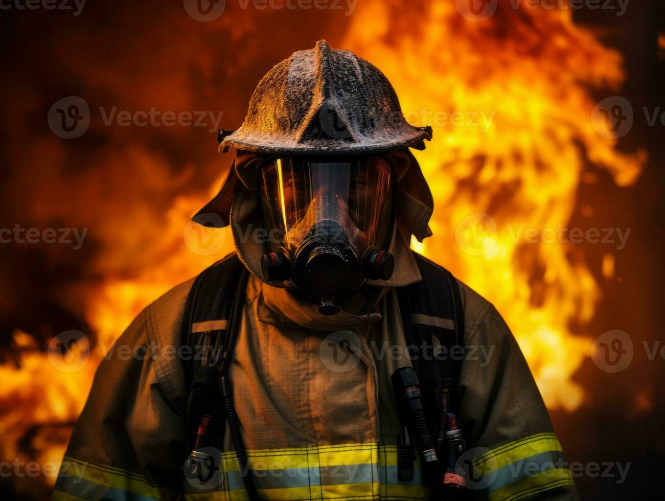 Courageous male firefighter fearlessly confronts the blazing inferno AI Generative photo