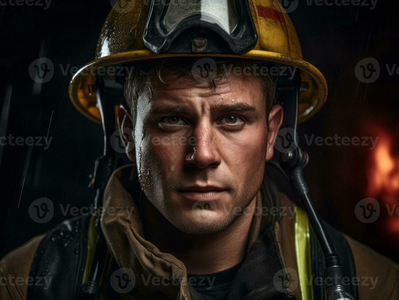 Courageous male firefighter fearlessly confronts the blazing inferno AI Generative photo