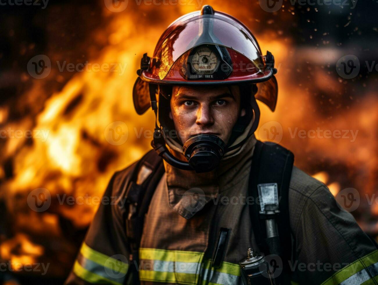 Courageous male firefighter fearlessly confronts the blazing inferno AI Generative photo