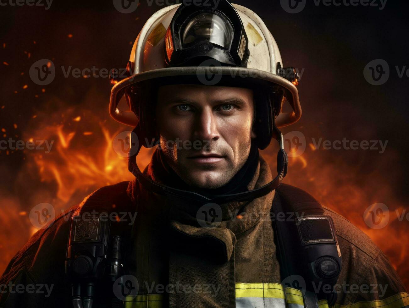 Courageous male firefighter fearlessly confronts the blazing inferno AI Generative photo