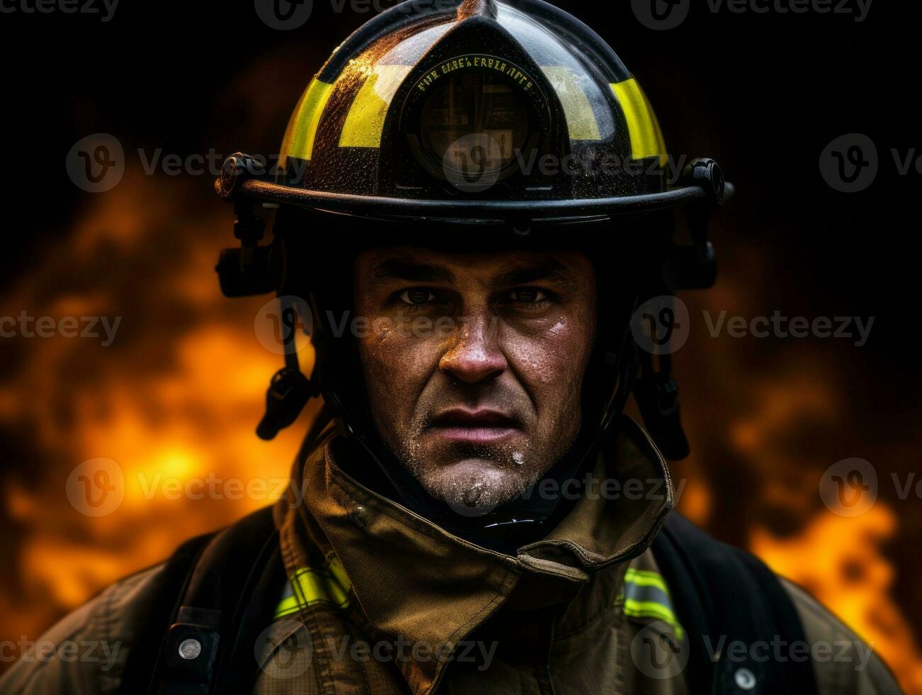 Courageous male firefighter fearlessly confronts the blazing inferno AI Generative photo