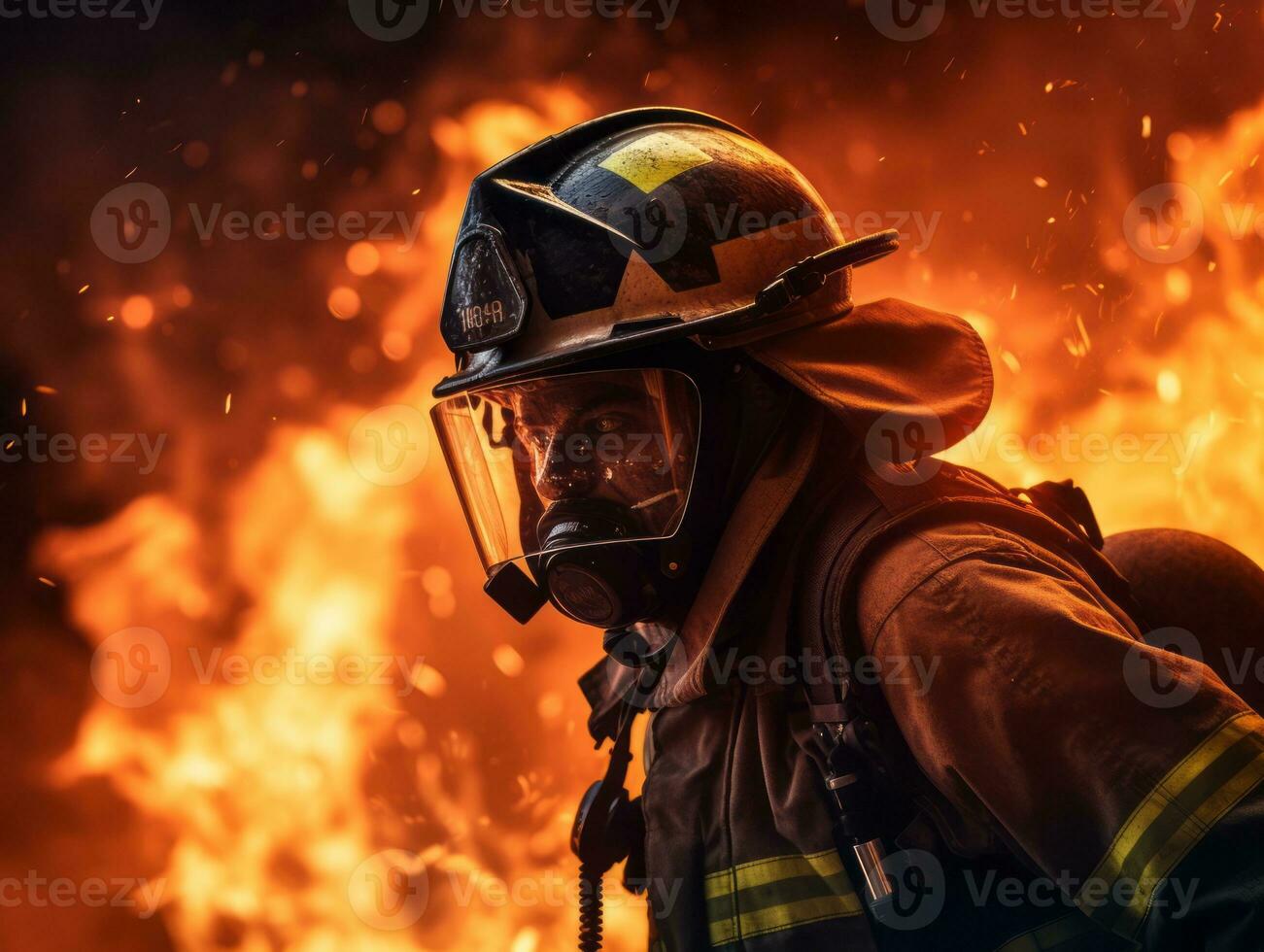 Courageous male firefighter fearlessly confronts the blazing inferno AI Generative photo