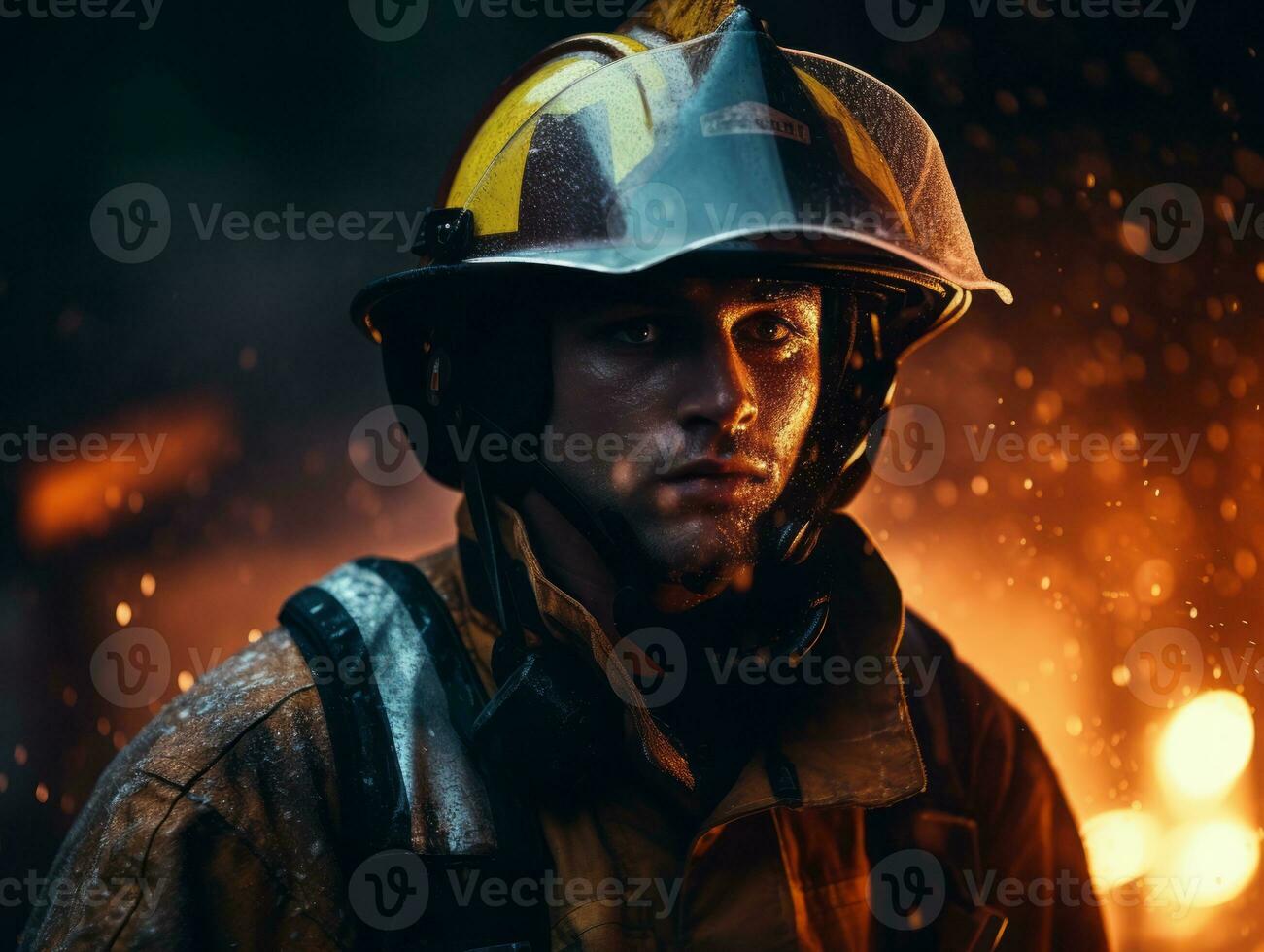 Courageous male firefighter fearlessly confronts the blazing inferno AI Generative photo