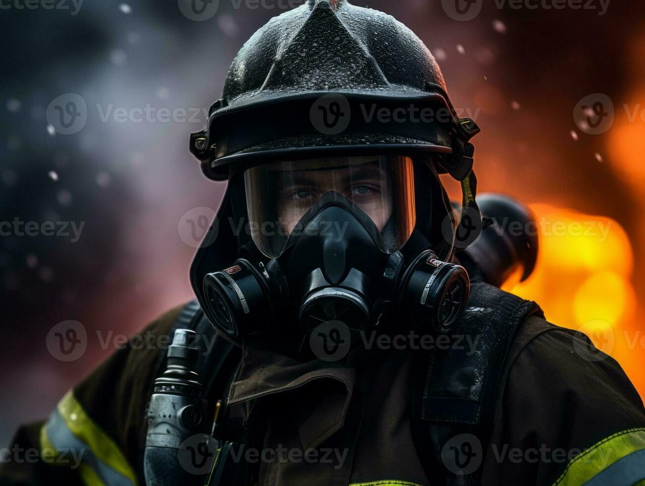 Courageous male firefighter fearlessly confronts the blazing inferno AI Generative photo