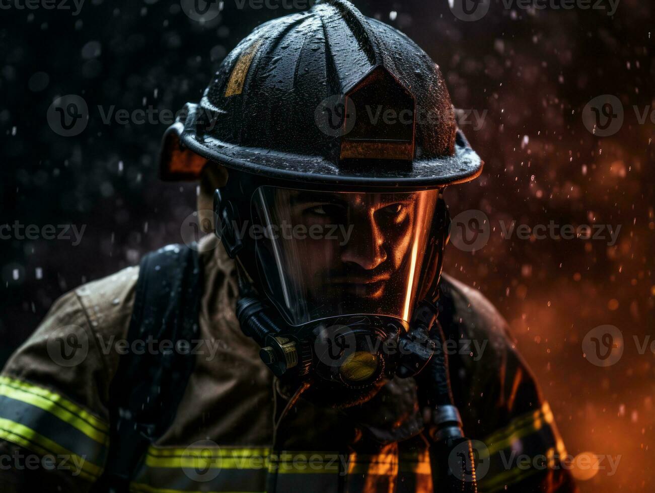 Courageous male firefighter fearlessly confronts the blazing inferno AI Generative photo