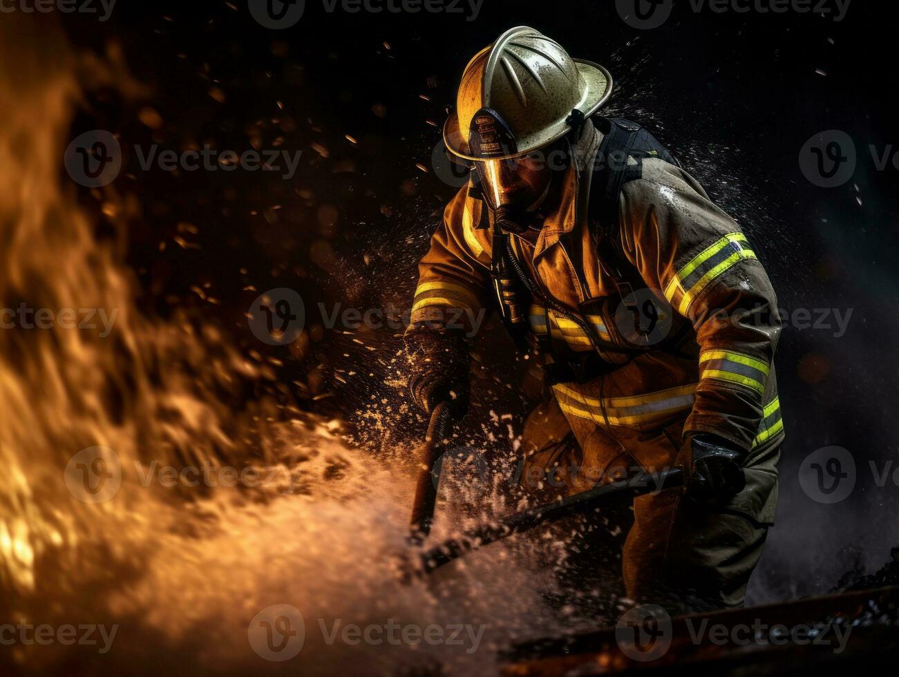 Courageous male firefighter fearlessly confronts the blazing inferno AI Generative photo