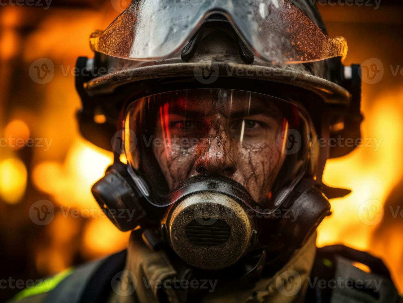 Courageous male firefighter fearlessly confronts the blazing inferno AI Generative photo