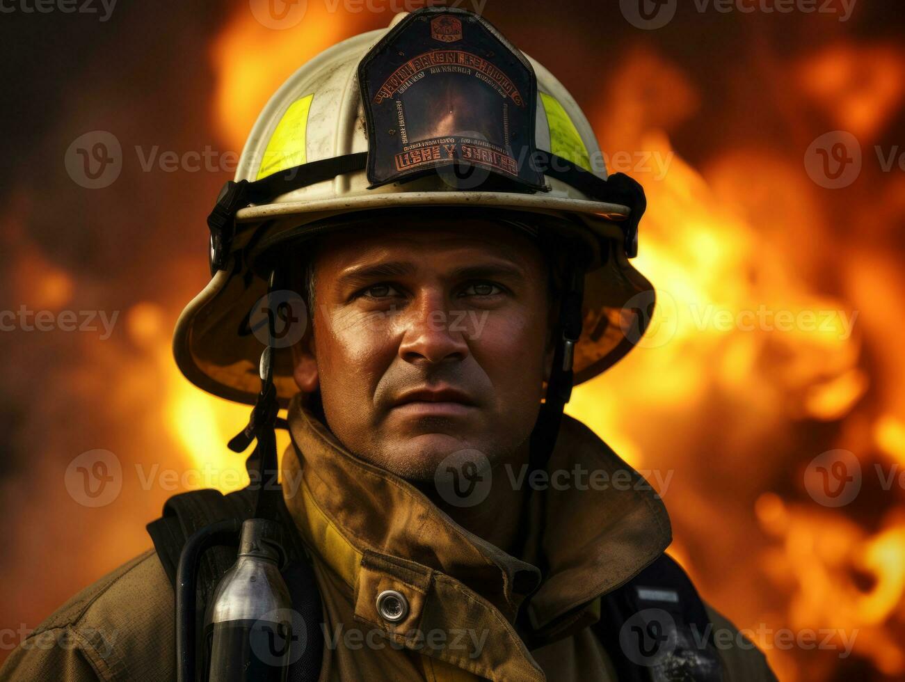 Courageous male firefighter fearlessly confronts the blazing inferno AI Generative photo