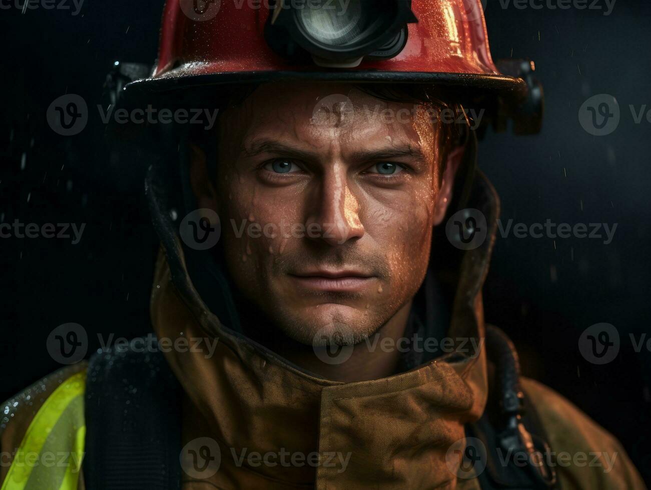 Courageous male firefighter fearlessly confronts the blazing inferno AI Generative photo