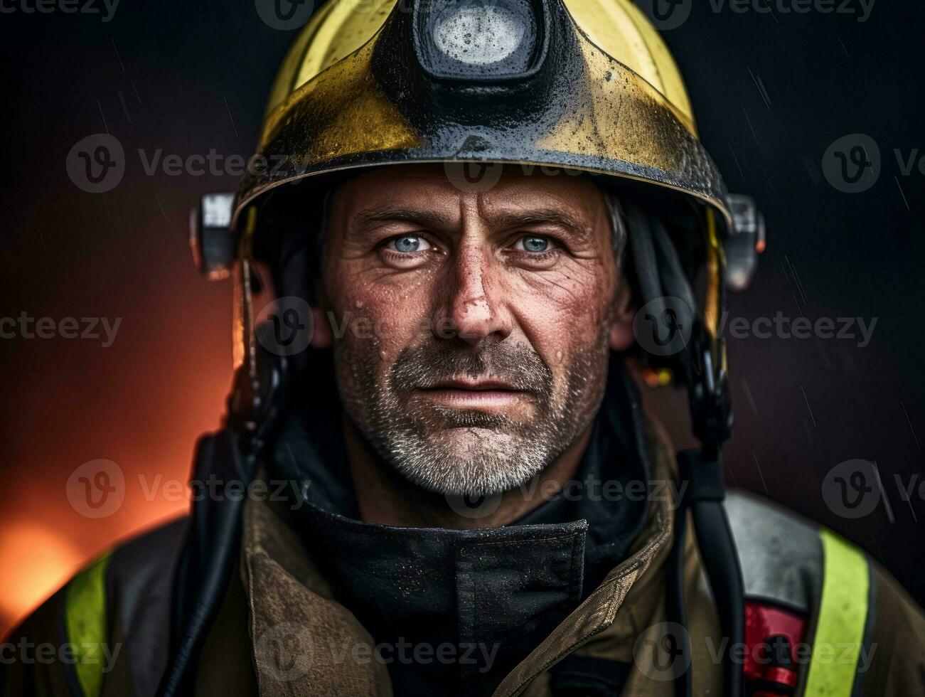 Courageous male firefighter fearlessly confronts the blazing inferno AI Generative photo