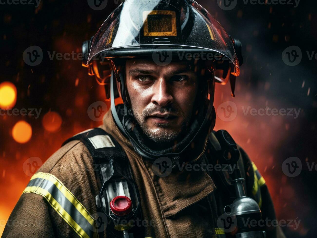 Courageous male firefighter fearlessly confronts the blazing inferno AI Generative photo