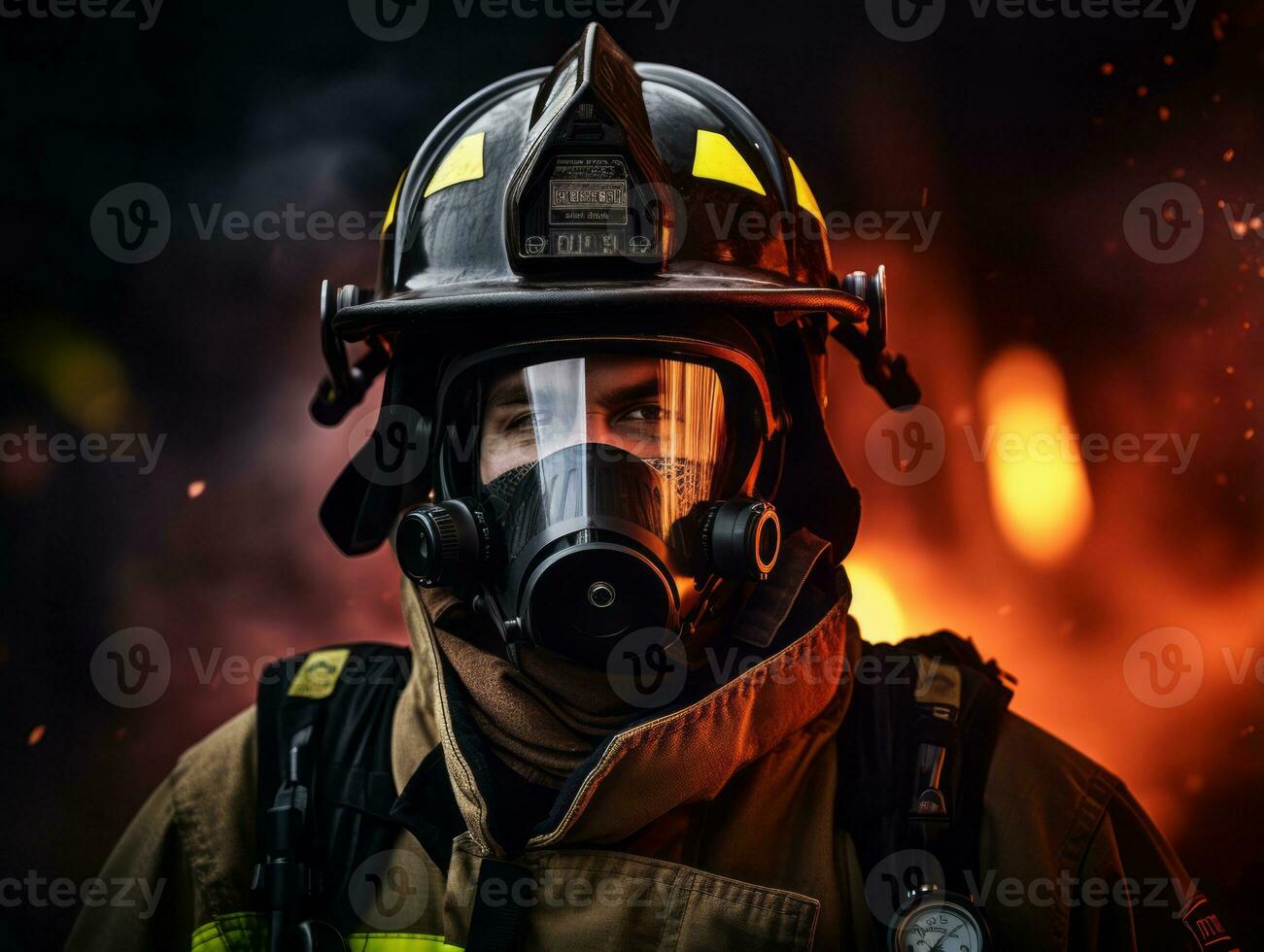 Courageous male firefighter fearlessly confronts the blazing inferno AI Generative photo