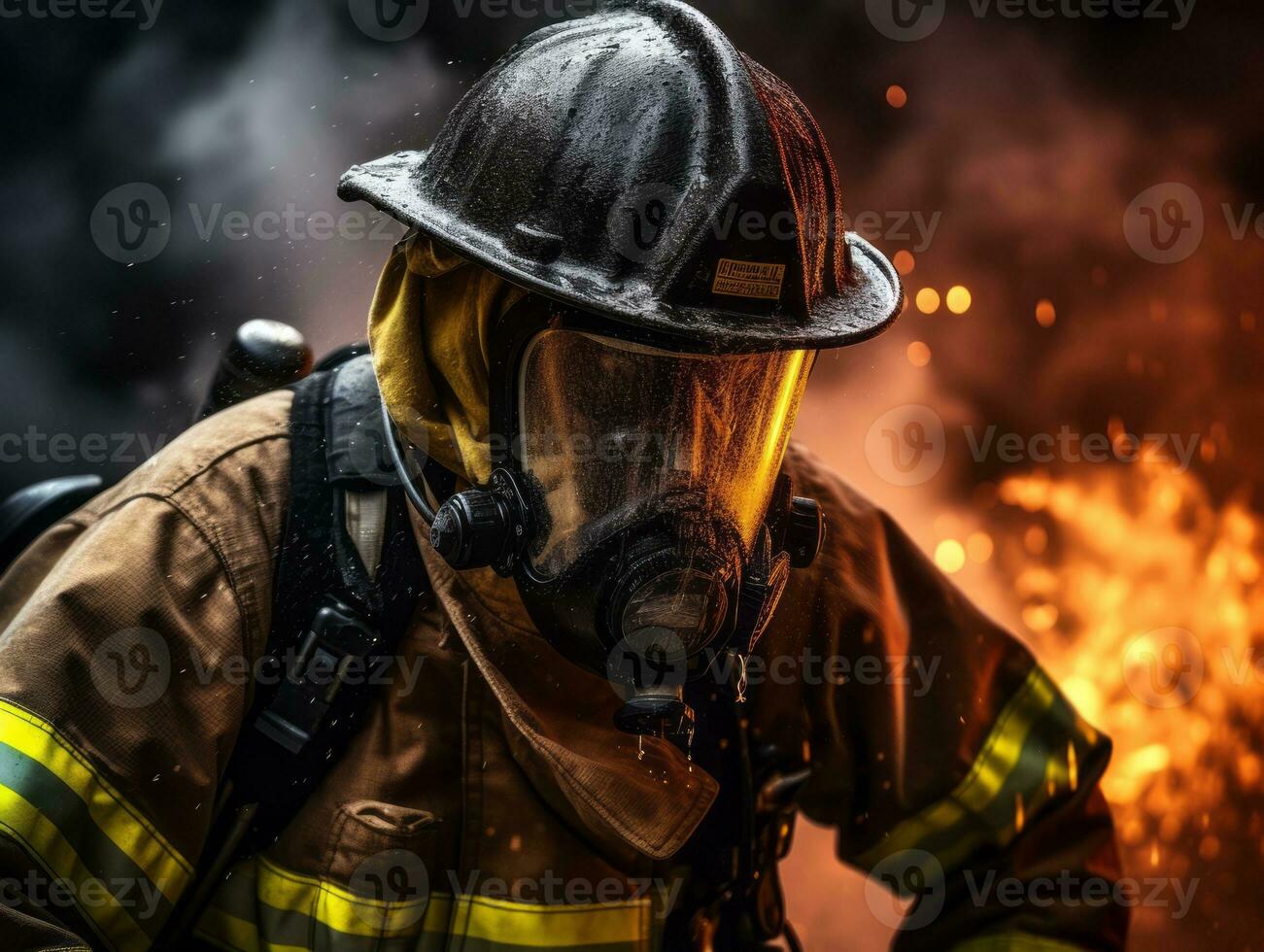 Courageous male firefighter fearlessly confronts the blazing inferno AI Generative photo