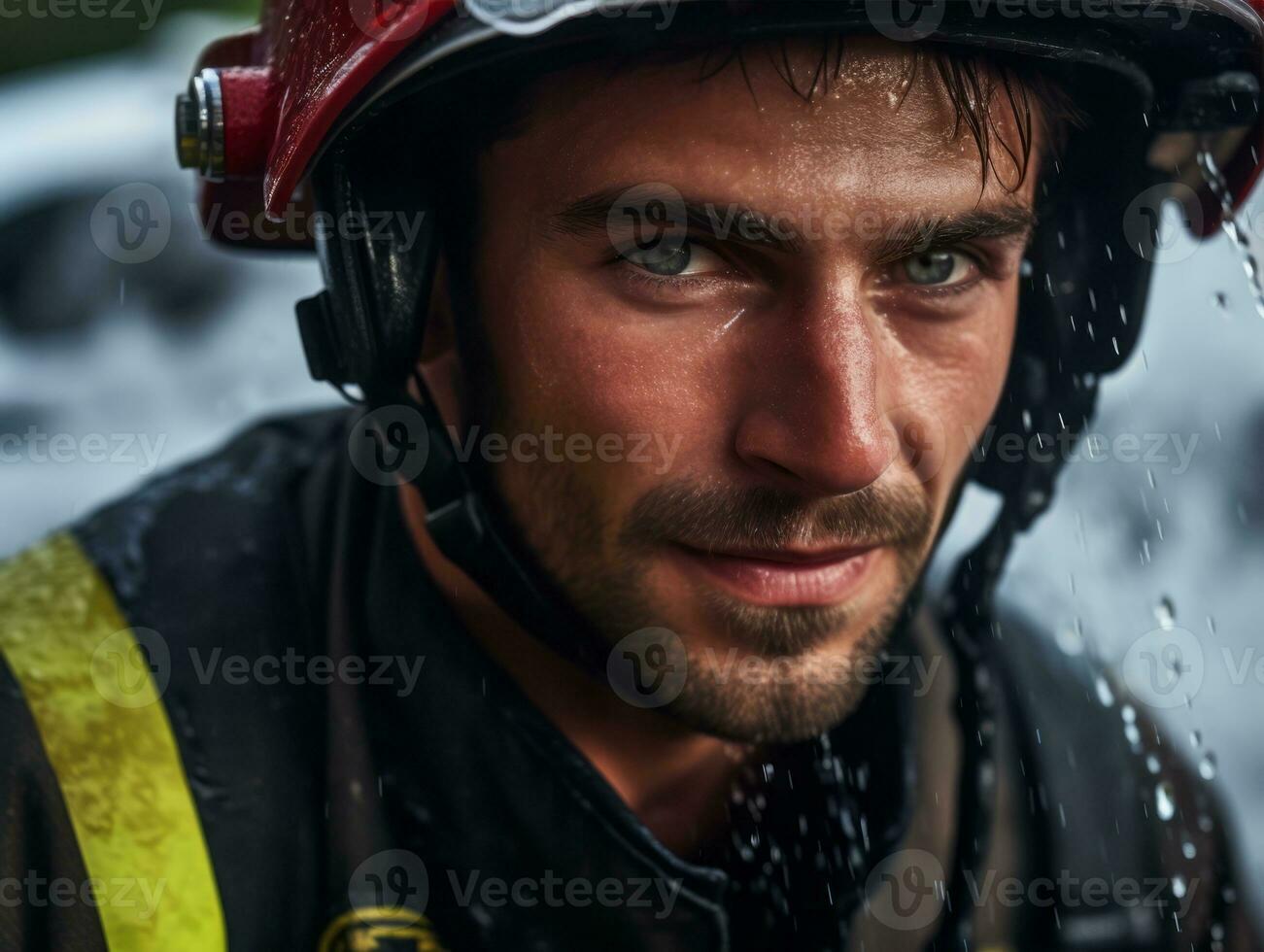 valiente masculino bombero sin miedo confronta el flameante infierno ai generativo foto